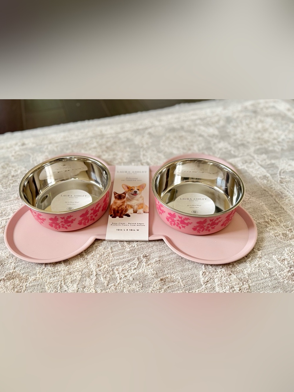 Laura Ashley Pink Floral Double Pet Feeding Set